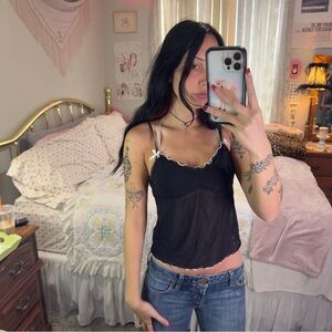 Black Polkadot Trim Cami with Denim Skirt